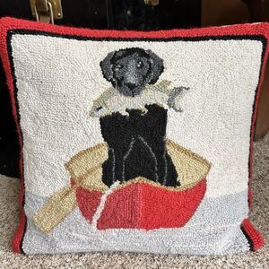 Wool Hooked Throw Accent Pillow Dog Lab Canoe Lake Cabin Decor Trout 18"x18"